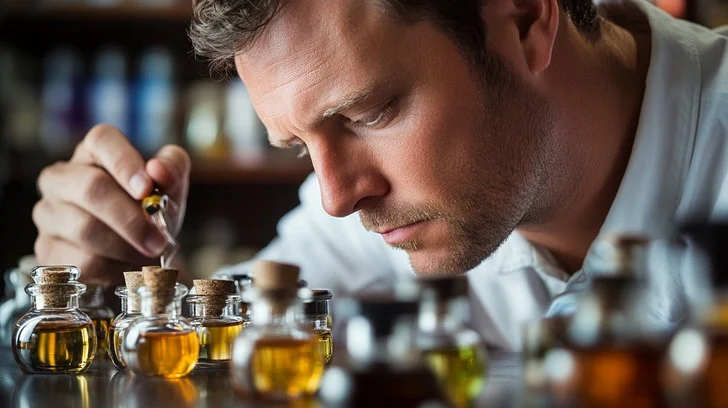 Pria menguji aroma parfum di laboratorium parfum.