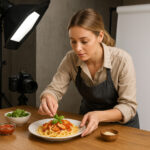 Penata makanan menata spaghetti di studio foto.