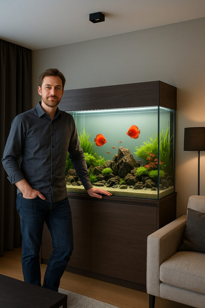 Aquascape designer berdiri di samping akuarium mewah.