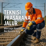 Teknisi prasarana jalur memeriksa rel kereta api dengan alat ukur.