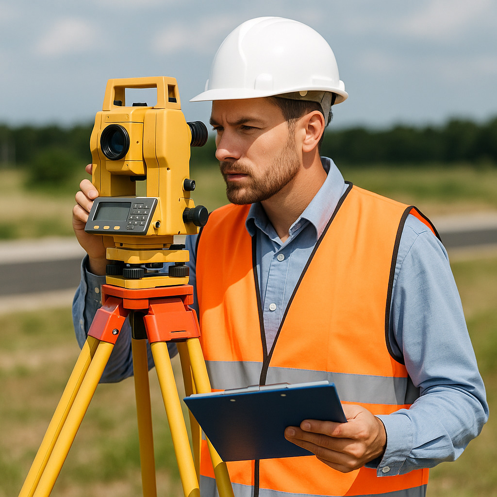 Surveyor lapangan menggunakan total station di area proyek.