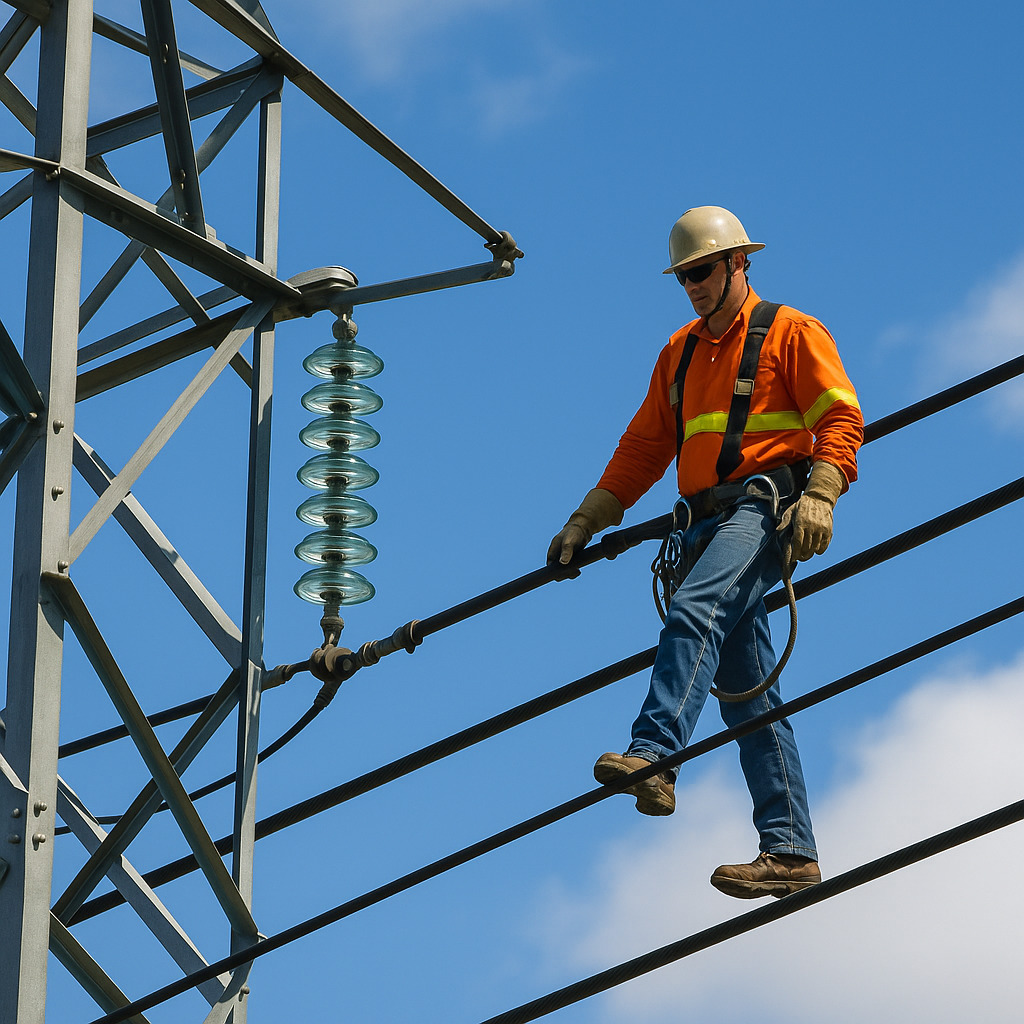 Lineman berdiri di atas kabel listrik dengan perlengkapan keselamatan.