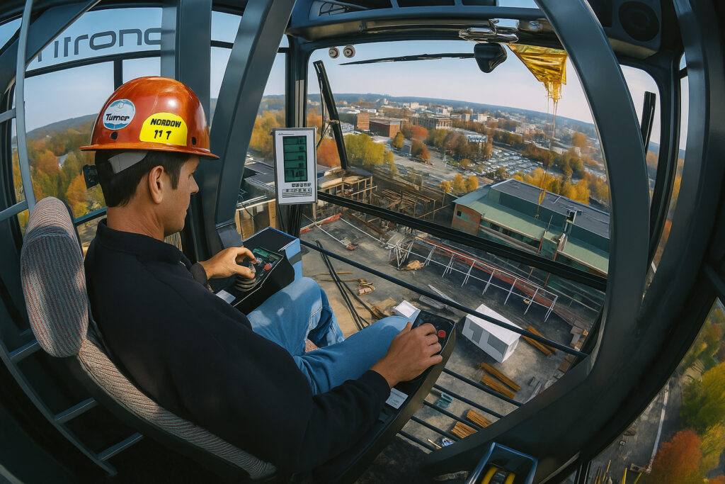 Operator crane mengendalikan alat berat dari dalam kabin di atas lokasi konstruksi.