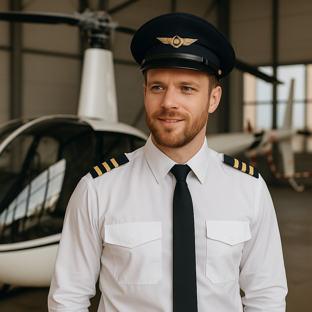 Pilot helikopter berdiri di depan helikopter di dalam hanggar dengan seragam resmi