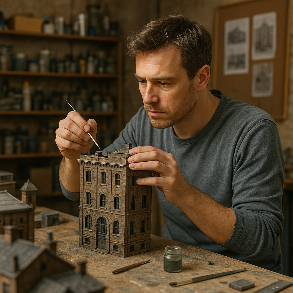 Ahli pembuat miniatur sedang merakit model bangunan kecil.