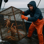 Nelayan kepiting Alaska menarik pot berisi kepiting raja.