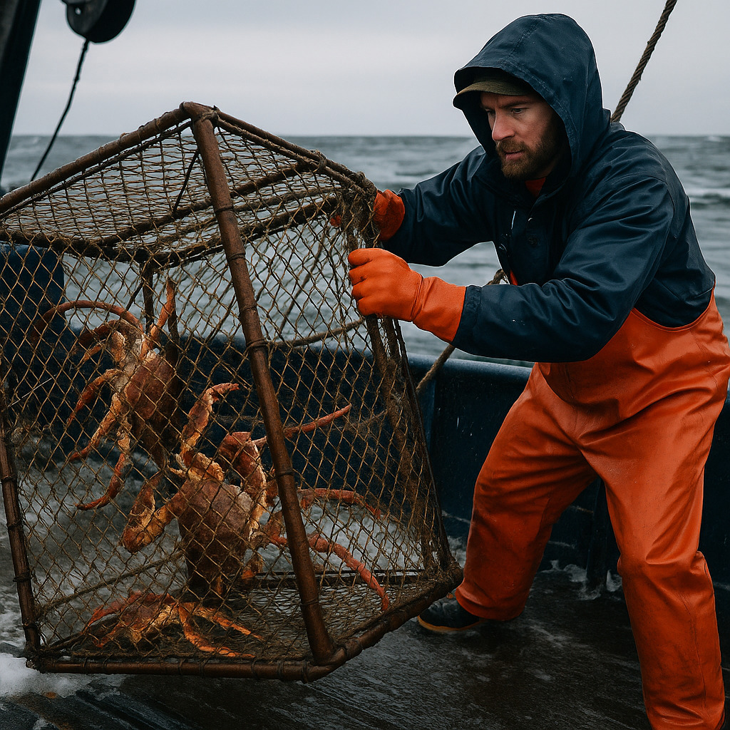 Nelayan kepiting Alaska menarik pot berisi kepiting raja.