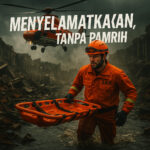Tim SAR di tengah banjir membawa tandu oranye.