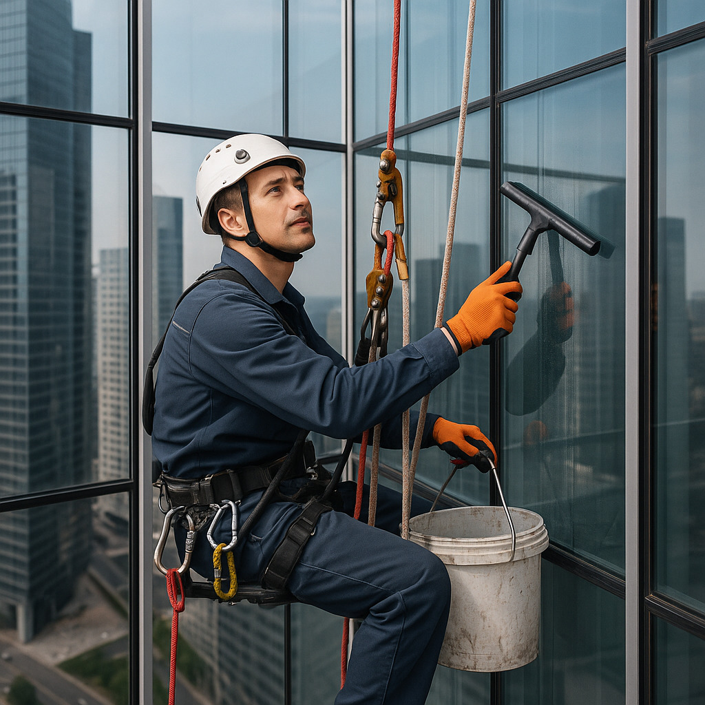 Pekerja pembersih kaca gedung tinggi sedang bekerja di ketinggian.