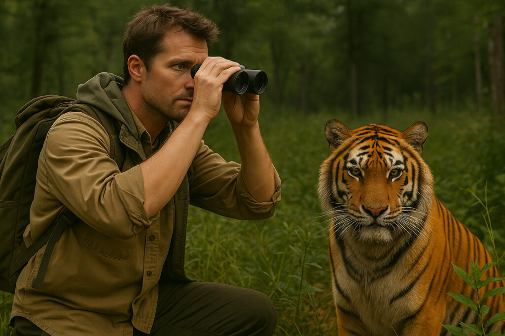 Peneliti satwa liar mengamati harimau di hutan.
