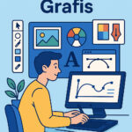 Ilustrasi desainer grafis bekerja dengan komputer dan elemen desain digital