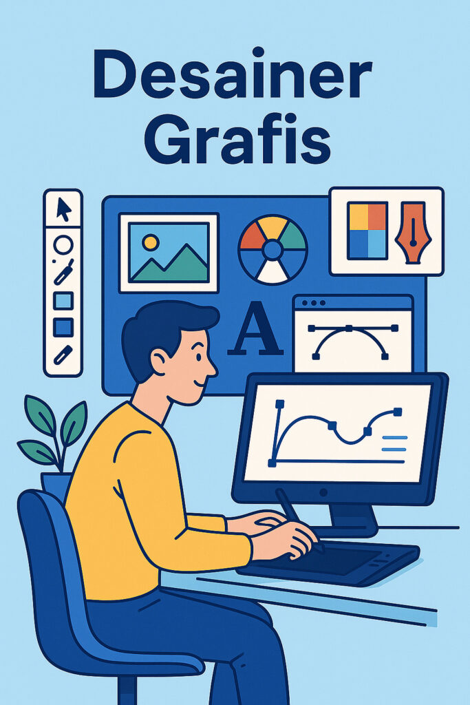 Ilustrasi desainer grafis bekerja dengan komputer dan elemen desain digital