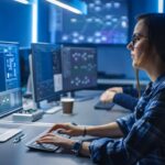 Programmer wanita sedang bekerja di depan monitor.