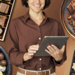 Pencicip cokelat profesional dengan tablet dan aneka cokelat.