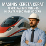 Masinis berdiri di samping kereta cepat dengan ekspresi serius dan latar langit cerah.