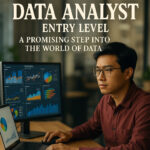 Pria muda bekerja sebagai data analyst di depan layar monitor dengan grafik data.