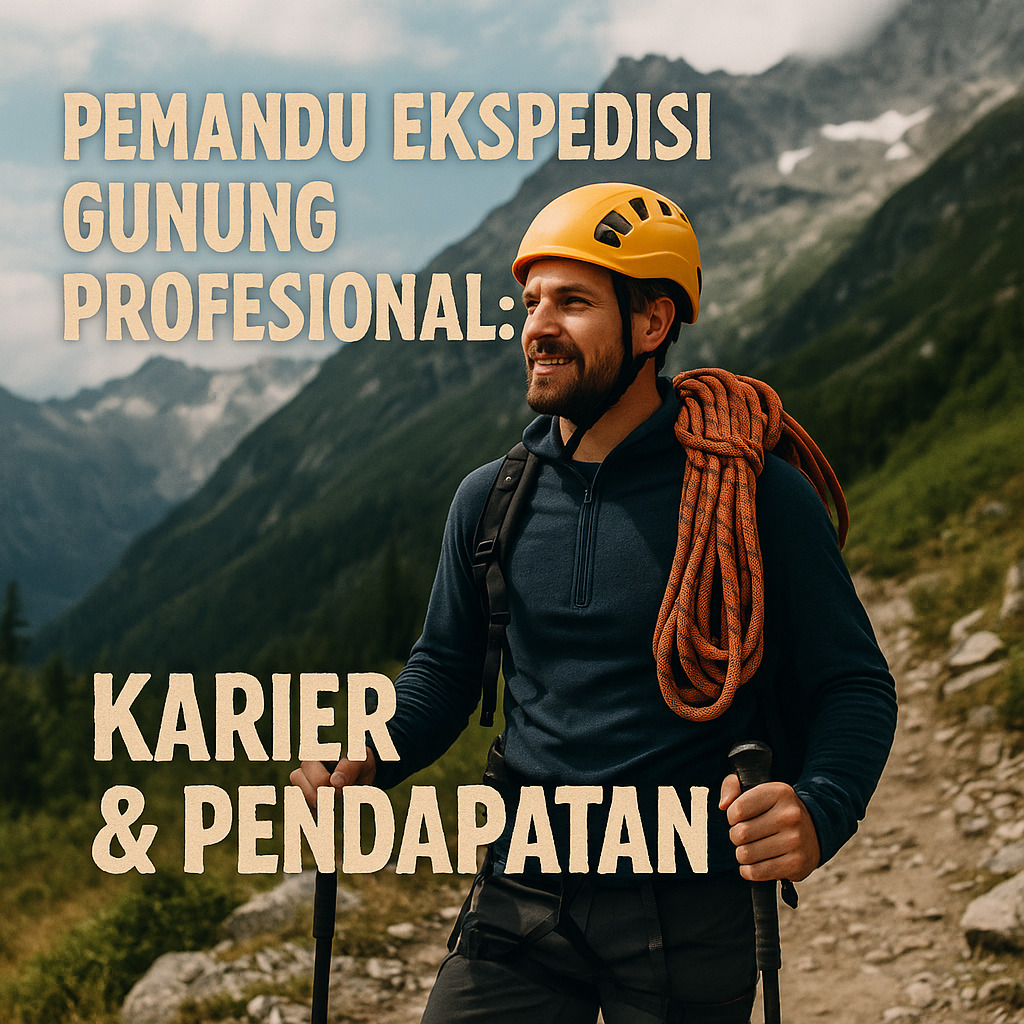 Seorang pemandu gunung profesional berdiri di jalur pendakian dengan perlengkapan lengkap.