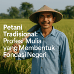 Petani tradisional mengenakan caping di sawah.