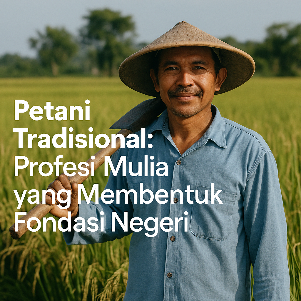 Petani tradisional mengenakan caping di sawah.