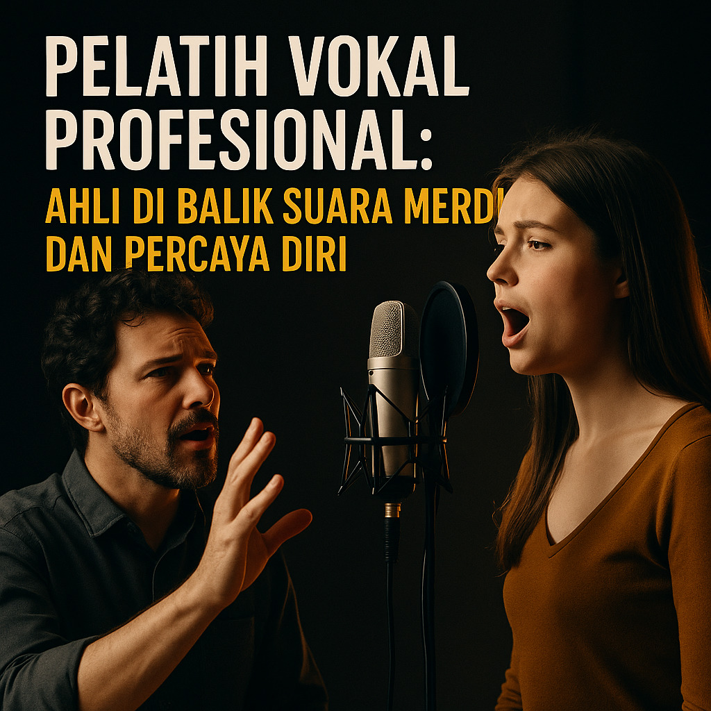 Pelatih vokal membimbing penyanyi di depan mikrofon