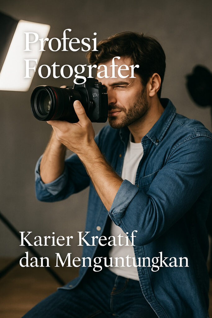 Fotografer pria sedang memotret di studio dengan teks “Profesi Fotografer”.