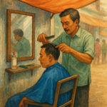 Seorang barber internasional mencukur pelanggan di studio bergaya mewah.