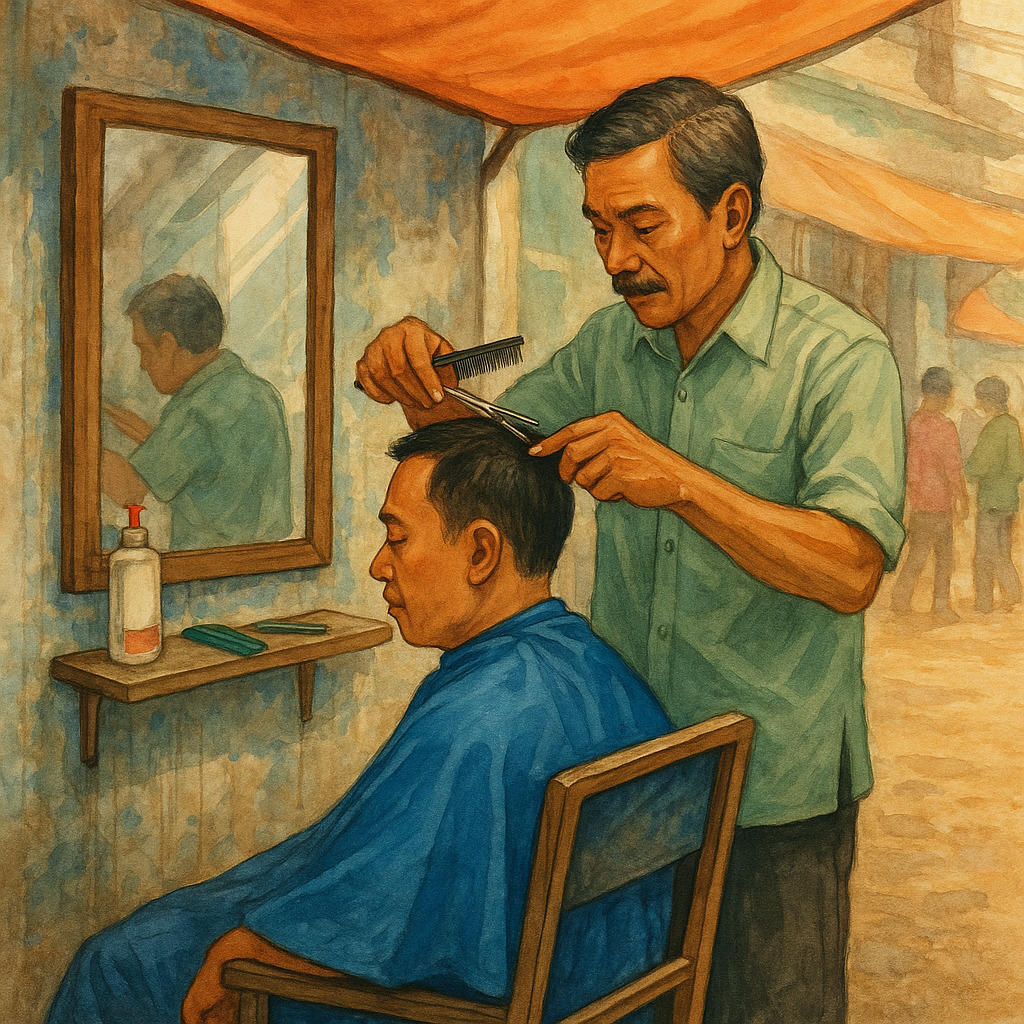 Seorang barber internasional mencukur pelanggan di studio bergaya mewah.