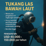 tukang las bawah laut dengan perlengkapan selam dan alat las.