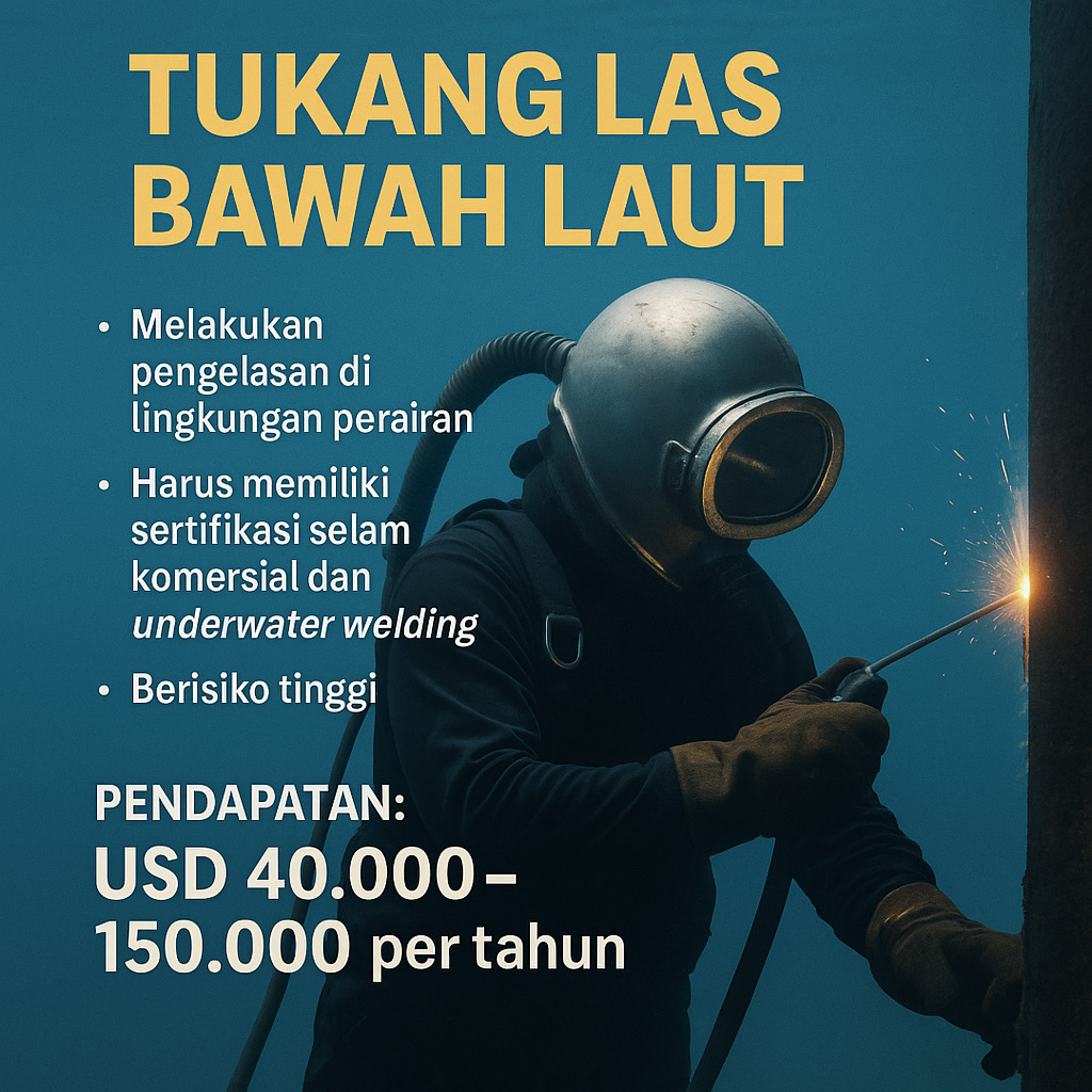 tukang las bawah laut dengan perlengkapan selam dan alat las.