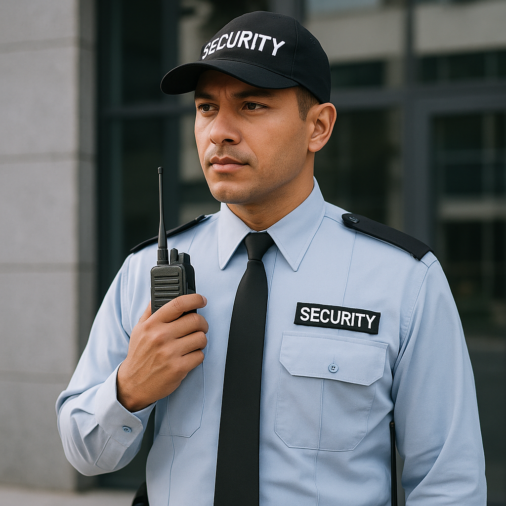 Petugas security mengenakan seragam biru muda dengan topi hitam dan walkie-talkie