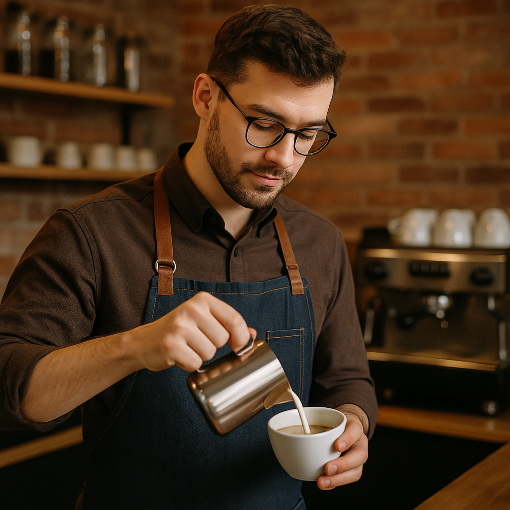 Barista menuang susu ke dalam cangkir kopi di kedai kopi.