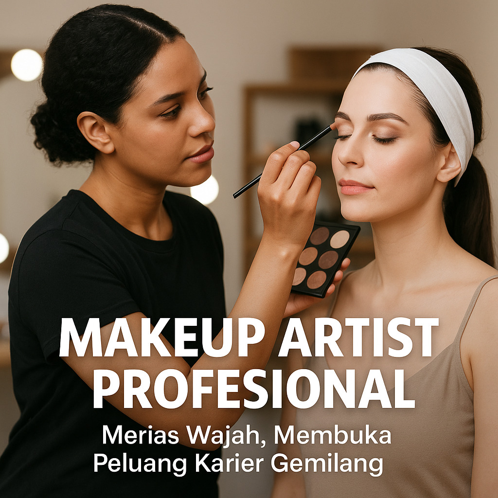 Makeup artist sedang merias mata klien di studio kecantikan.