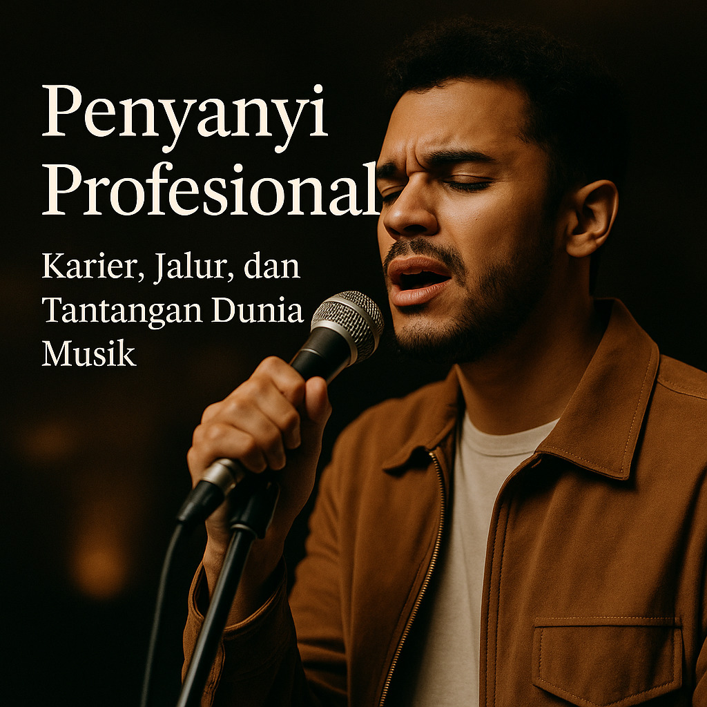 Penyanyi profesional muda tampil percaya diri dengan mikrofon.
