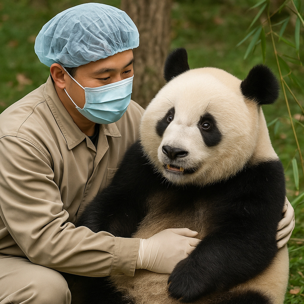 Panda caretaker sedang memeluk panda raksasa di area konservasi.