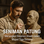 Seorang seniman sedang memahat wajah patung dari tanah liat di dalam studio.