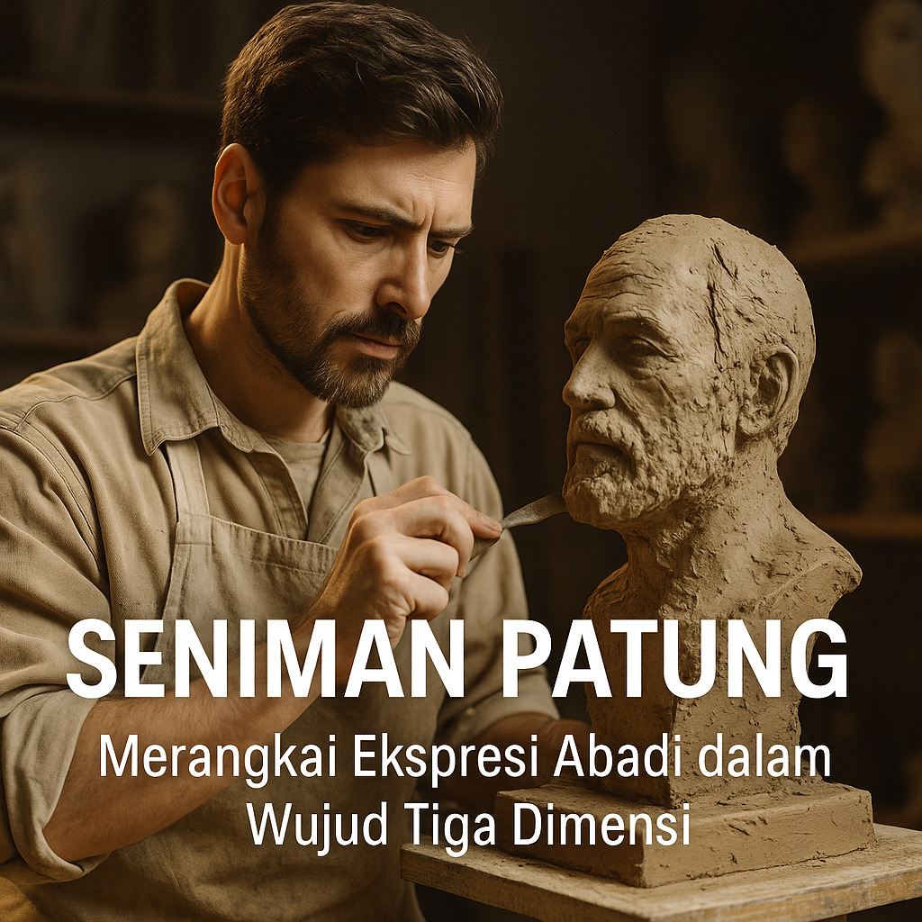 Seorang seniman sedang memahat wajah patung dari tanah liat di dalam studio.