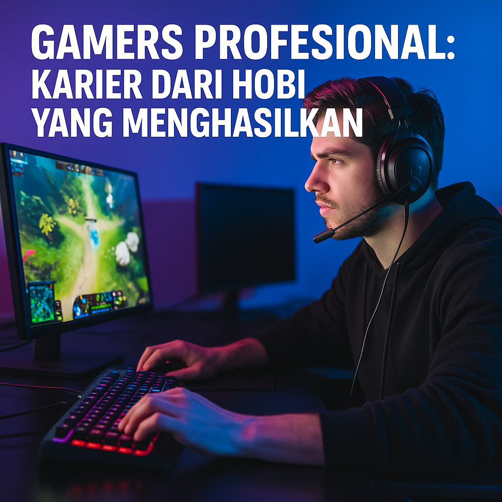 Gamer profesional fokus bermain di depan layar komputer dengan headset.