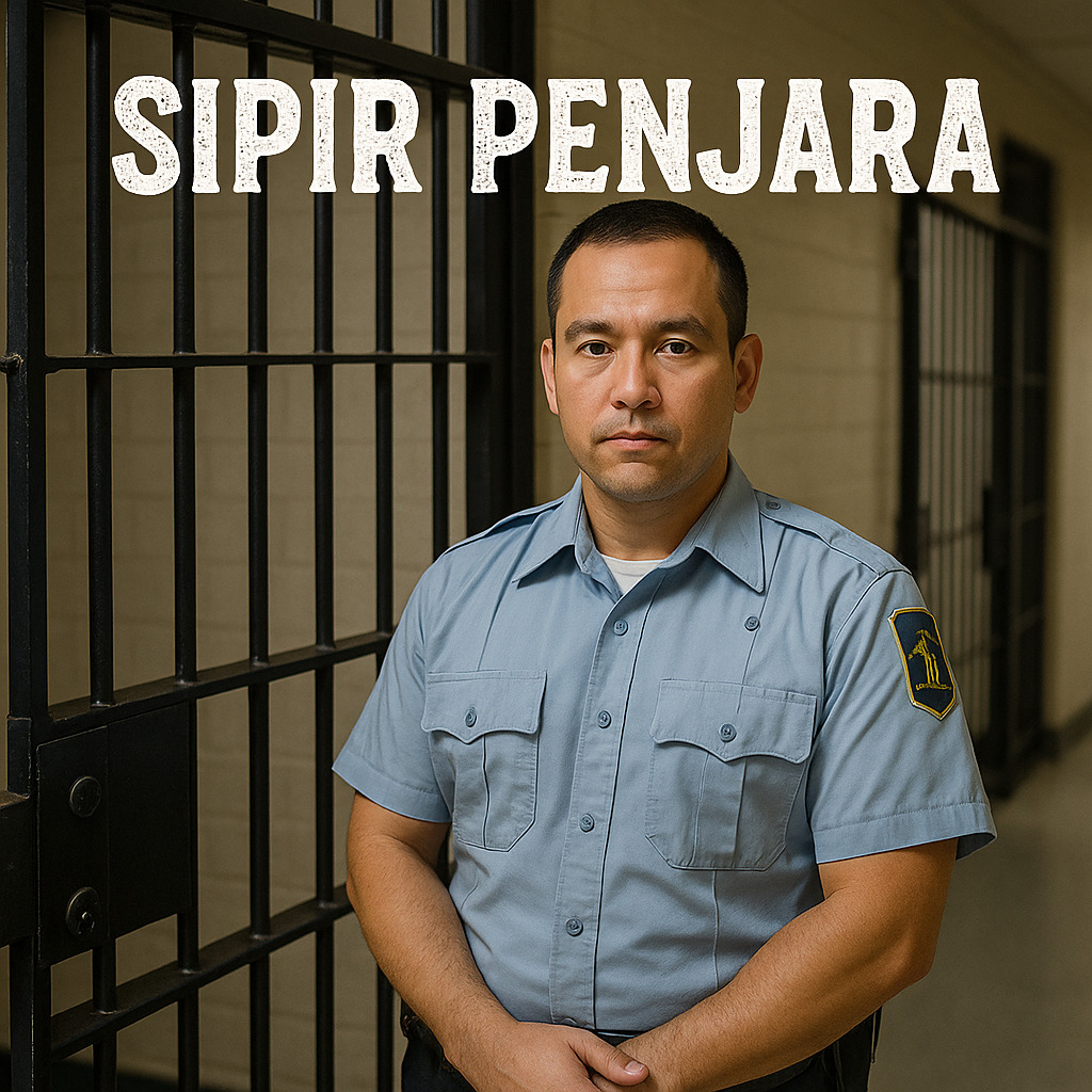 Sipir penjara berdiri serius di depan sel tahanan.