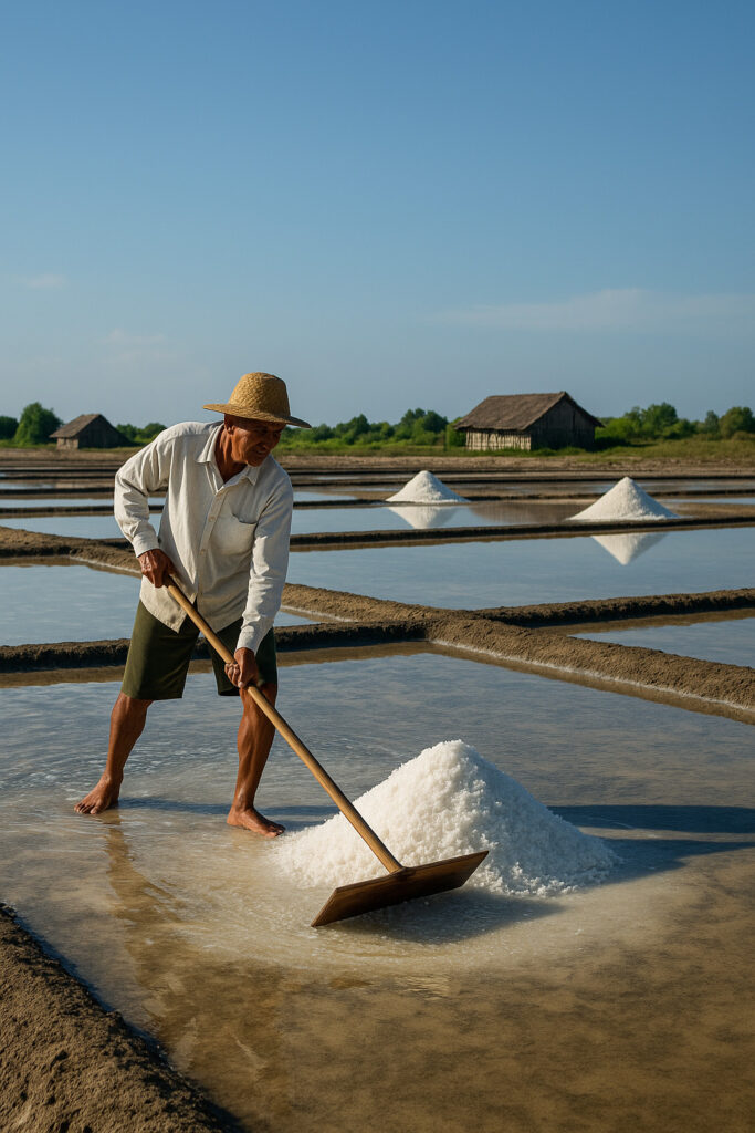 Petani garam sedang mengumpulkan garam di tambak tradisional.