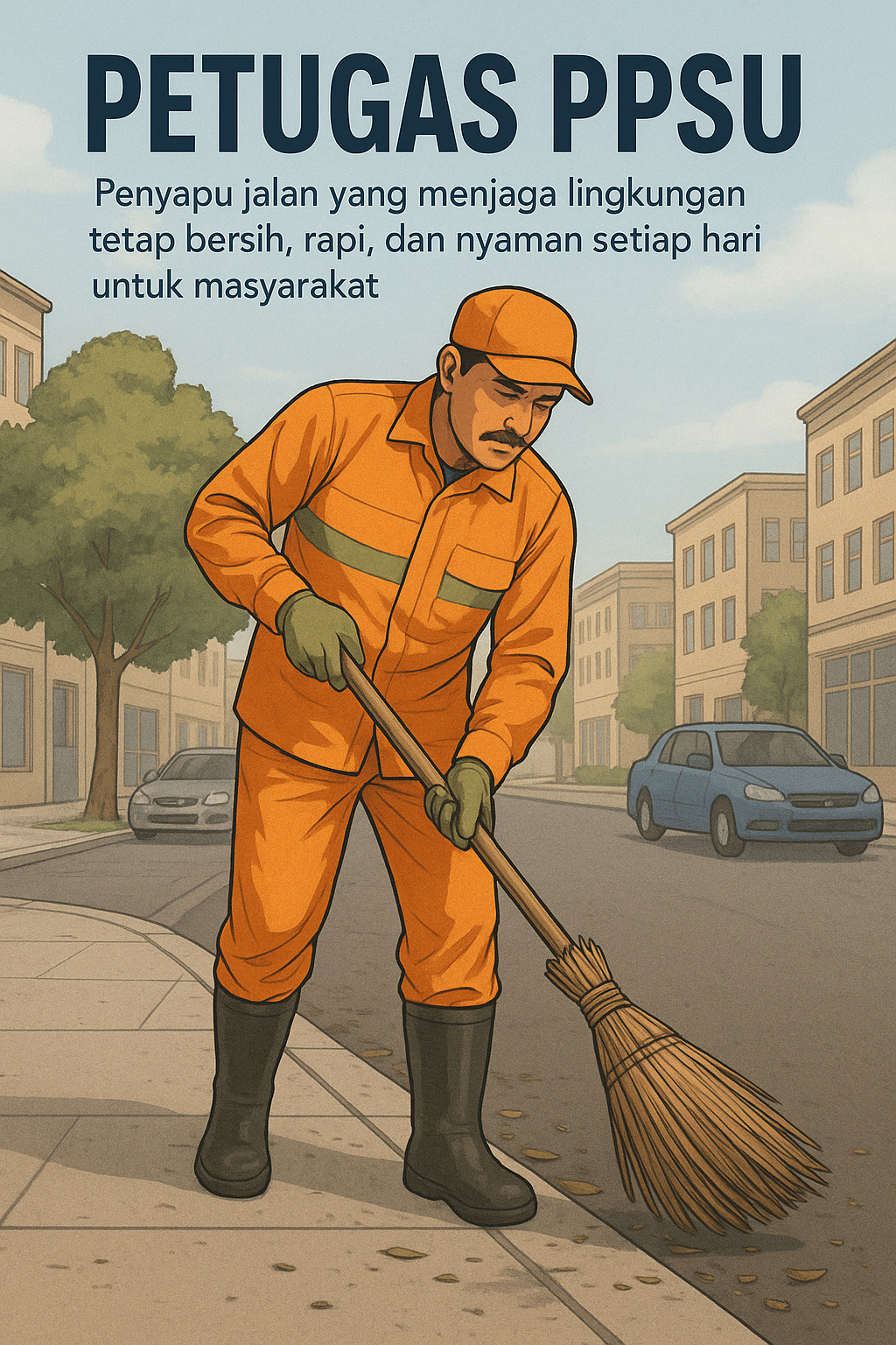 Petugas PPSU menyapu jalan di lingkungan kota.