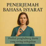 Perempuan melakukan bahasa isyarat dengan latar kuning dan teks judul.