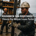 Dua pekerja rig minyak lepas pantai penuh lumpur sedang bekerja di tengah laut.