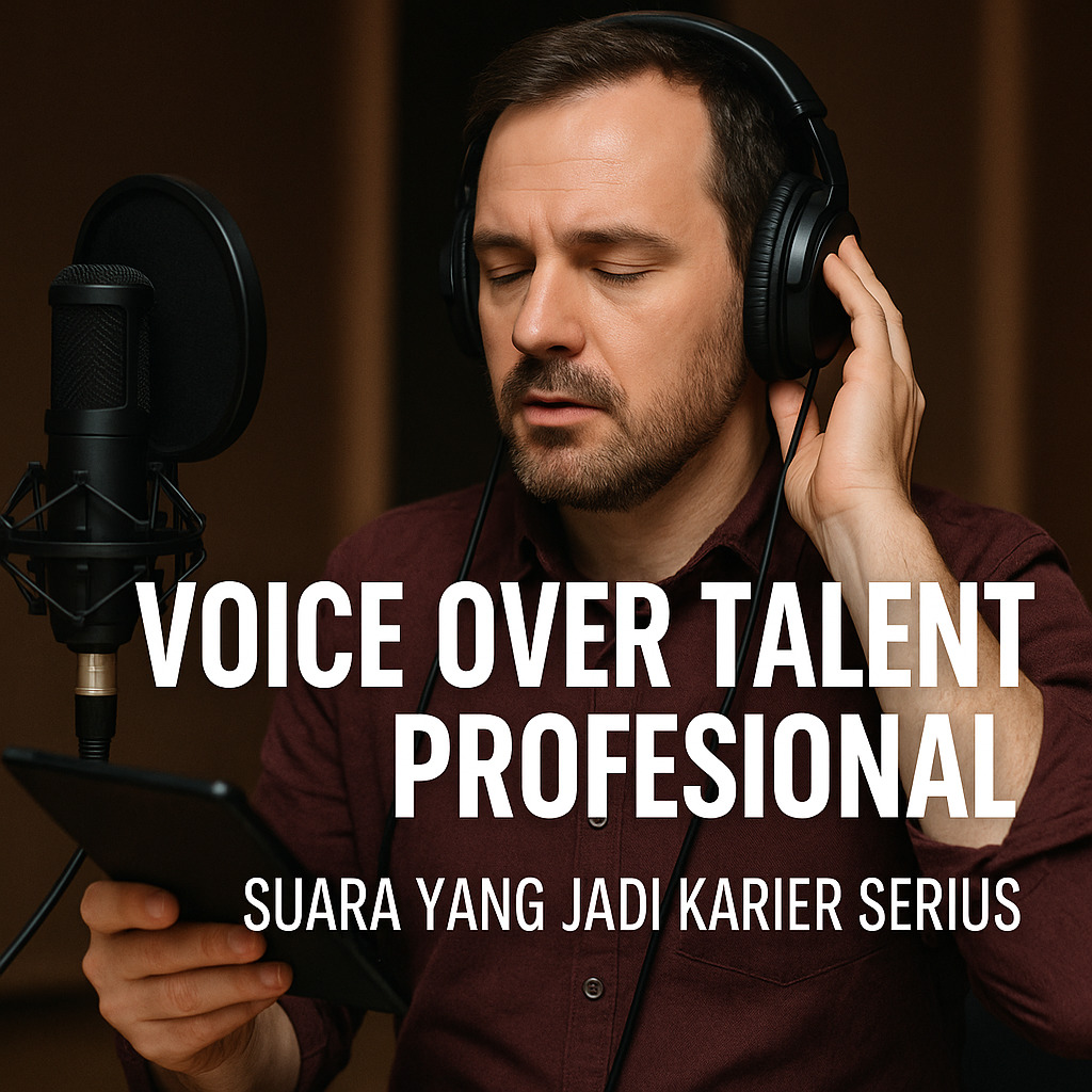 Pria profesional merekam suara di studio dengan mikrofon dan tablet.