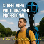 Fotografer Street View membawa kamera 360° di jalan terbuka.